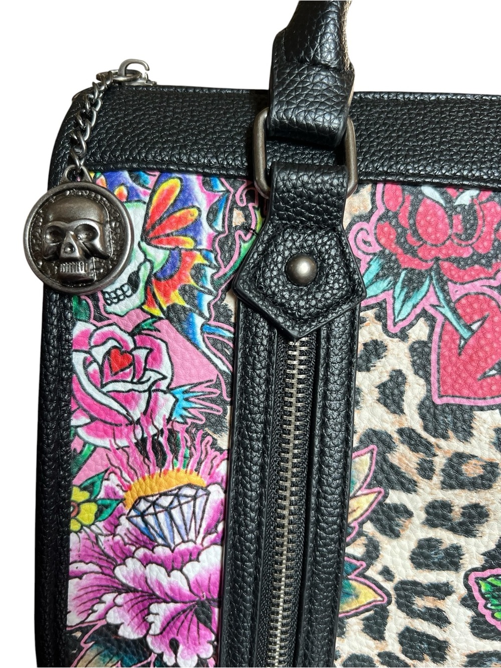 Ed Hardy Black Leopard Print Floral Skull Satchel - Black - Picture 4 of 10